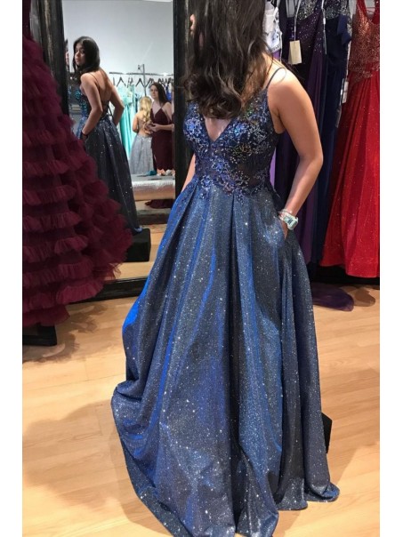 A-Line Long Blue Lace Sparkle Prom Dress Formal Evening Gowns 901231