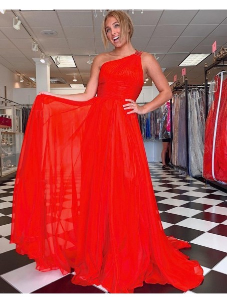 A-Line Long Red One Shoulder Prom Dress Formal Evening Gowns 901232