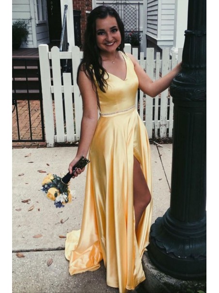 A-Line Long Yellow Prom Dress Formal Evening Gowns 901234