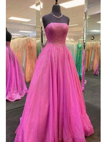 A-Line Strapless Sequin Tulle Prom Dress Formal Evening Gowns 901237
