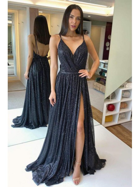Long Black Sequin Tulle Prom Dress Formal Evening Gowns 901239
