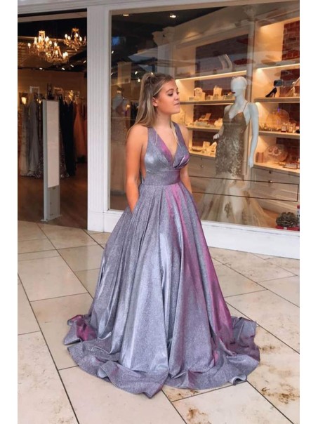 A-Line V Neck Sparkle Prom Dress Formal Evening Gowns 901240