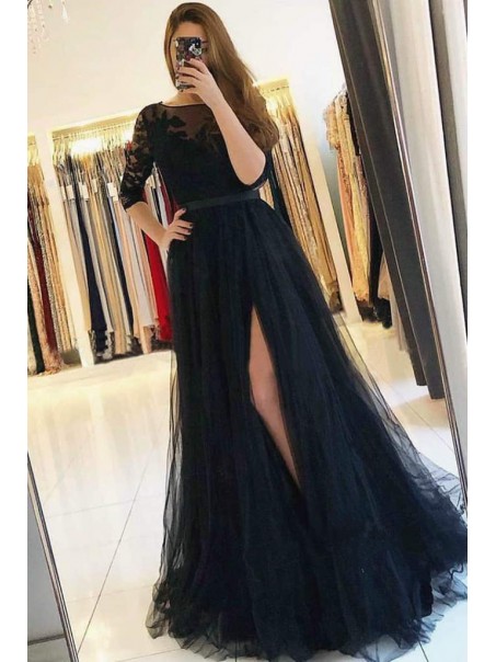 Long Navy Blue Lace and Tulle Prom Dress Formal Evening Gowns 901243