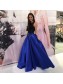 A-Line Long Royal Blue Prom Dress Formal Evening Gowns with Black Lace 901245
