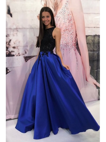 A-Line Long Royal Blue Prom Dress Formal Evening Gowns with Black Lace 901245