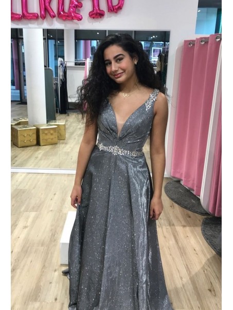 A-Line Sparkle V Neck Beaded Prom Dress Formal Evening Gowns 901246
