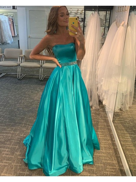 A-Line Strapless Beaded Long Prom Dress Formal Evening Gowns 901249
