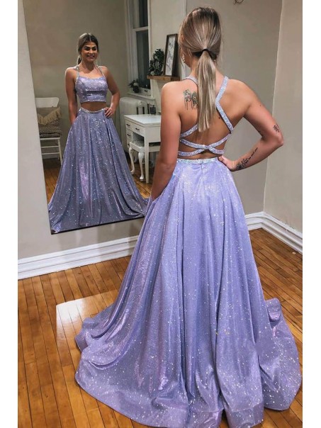 A-Line Sparkle Two Pieces Long Prom Dress Formal Evening Gowns 901252