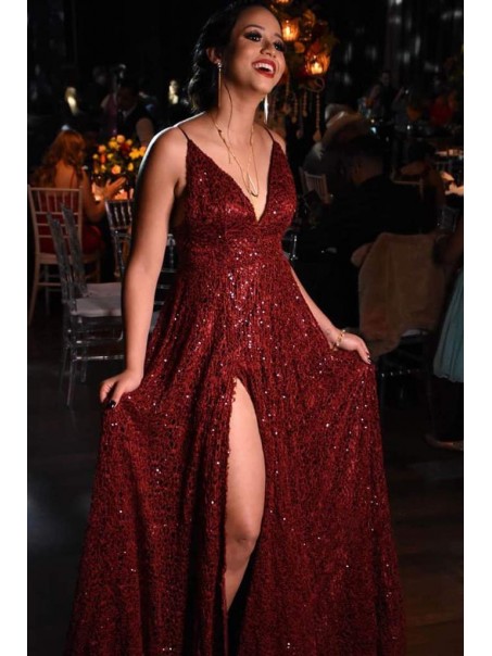 A-Line Sequin Tulle V Neck Long Prom Dress Formal Evening Gowns 901253