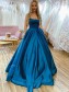 Long Blue Spaghetti Straps Satin Prom Dress Formal Evening Gowns 901254