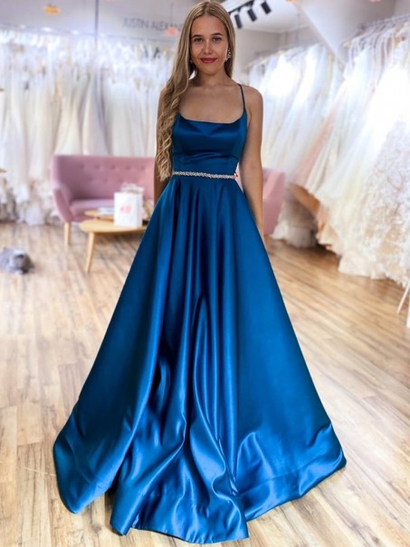 Long Blue Spaghetti Straps Satin Prom Dress Formal Evening Gowns 901254
