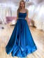 Long Blue Spaghetti Straps Satin Prom Dress Formal Evening Gowns 901254