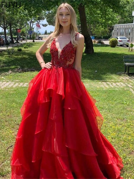 Long Red Lace Prom Dress Formal Evening Gowns 901256