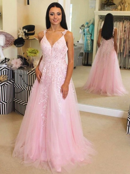 Long Pink Lace and Tulle Prom Dress Formal Evening Gowns 901258