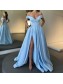 Elegant Long Blue Satin Off the Shoulder Prom Dress Formal Evening Gowns 901260