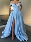 Elegant Long Blue Satin Off the Shoulder Prom Dress Formal Evening Gowns 901260