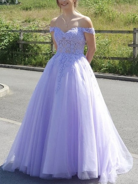 A-Line Lavender Lace and Tulle Long Prom Dress Formal Evening Gowns 901261