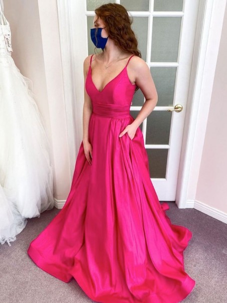 A-Line Long Satin V Neck Prom Dress Formal Evening Gowns 901262