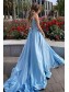 Long Blue Satin Prom Dress Formal Evening Gowns 901265