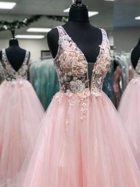 A-Line Long Pink Lace and Tulle Prom Dress Formal Evening Gowns 901267