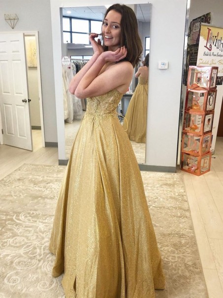 A-Line Gold Sparkle Lace Prom Dress Formal Evening Gowns 901268