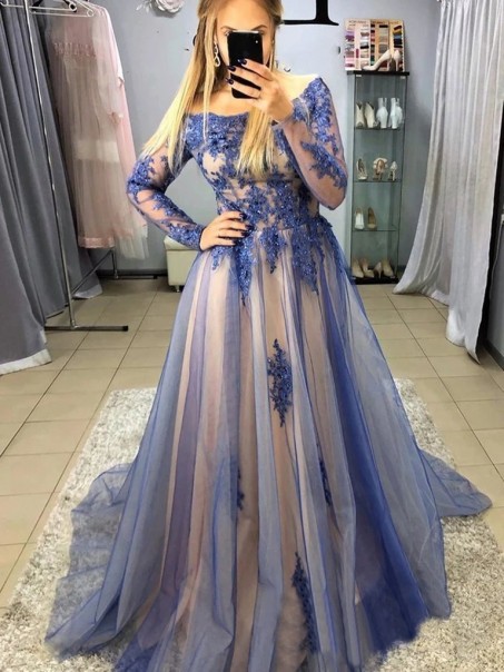 Long Blue Lace and Tulle Prom Dress Formal Evening Gowns 901269