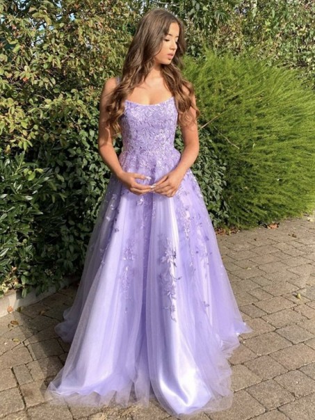 A-Line Lavender Lace and Tulle Prom Dress Formal Evening Gowns 901270