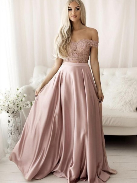 A-Line Off the Shoulder Two Pieces Lace Long Prom Dress Formal Evening Gowns 901274