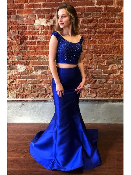 Long Royal Blue Two Pieces Mermaid Lace Prom Dress Formal Evening Gowns 901275
