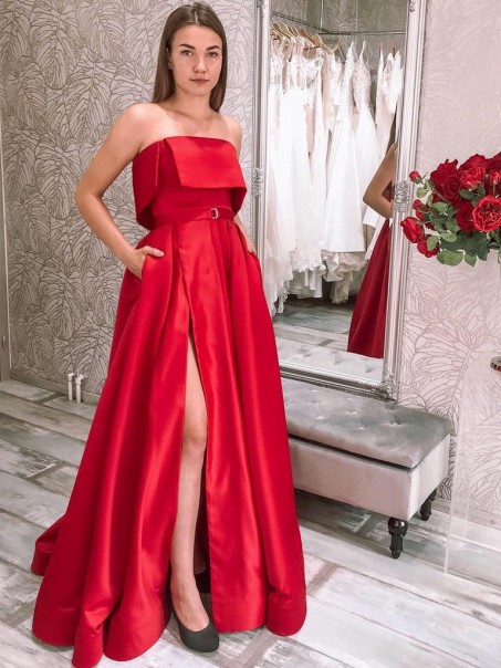A-Line Strapless Long Red Prom Dress Formal Evening Gowns 901276