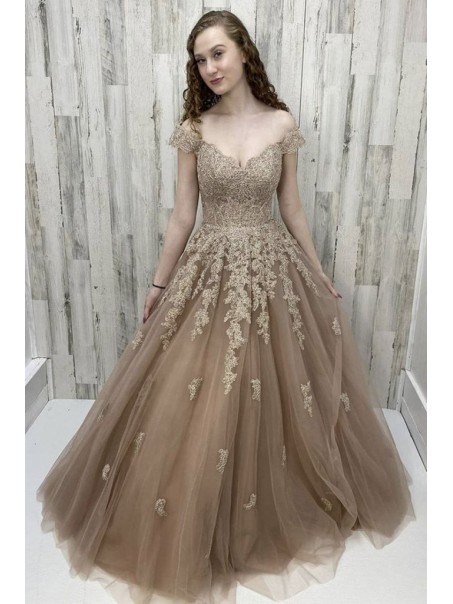 A-Line Off the Shoulder Lace and Tulle Prom Dress Formal Evening Gowns 901279