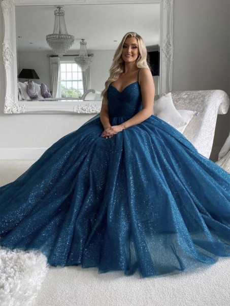 Long Blue Sparke Tulle Long Prom Dress Formal Evening Gowns 901280
