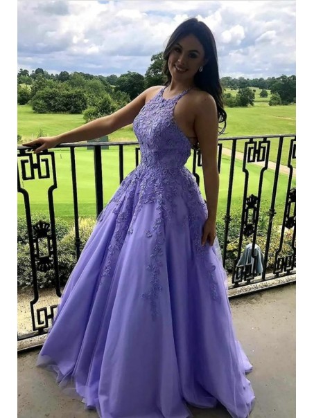 A-Line Lavender Lace Long Prom Dress Formal Evening Gowns 901283
