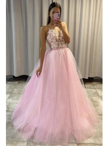 Long Pink Lace and Tulle Long Prom Dress Formal Evening Gowns 901287 Long Pink Lace and Tulle Long Prom Dress Formal Evening Gowns 901287