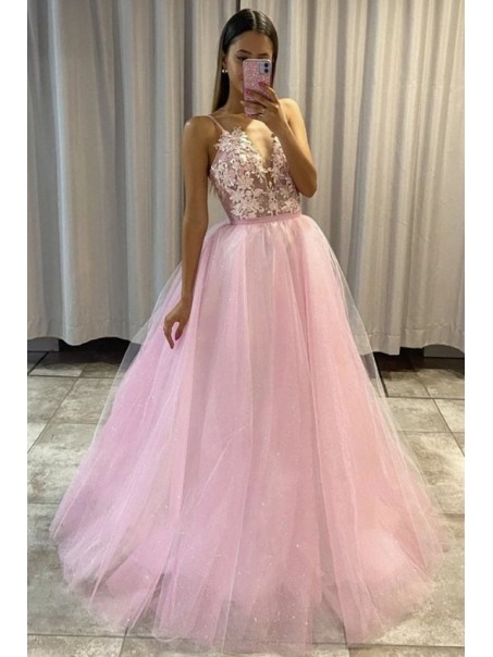 Long Pink Lace and Tulle Long Prom Dress Formal Evening Gowns 901287