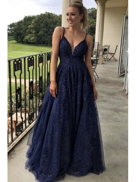 Long Navy Blue Lace Sequin Tulle Prom Dress Formal Evening Gowns 901288