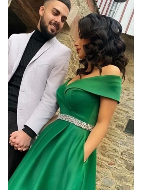 A-Line Long Green Off the Shoulder Beaded Prom Dress Formal Evening Gowns 901295