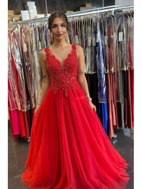 Long Red Lace and Tulle Prom Dress Formal Evening Gowns 901297