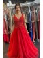 Long Red Lace and Tulle Prom Dress Formal Evening Gowns 901297