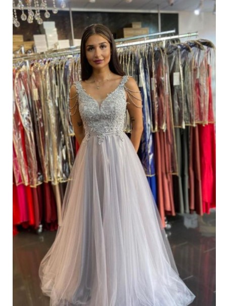 A-Line Lace and Tulle Long Prom Dress Formal Evening Gowns 901299