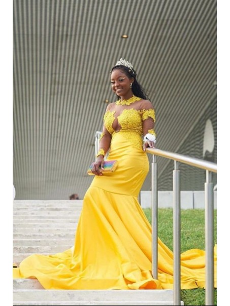 Long Yellow Mermaid Lace Prom Dress Formal Evening Gowns 901301