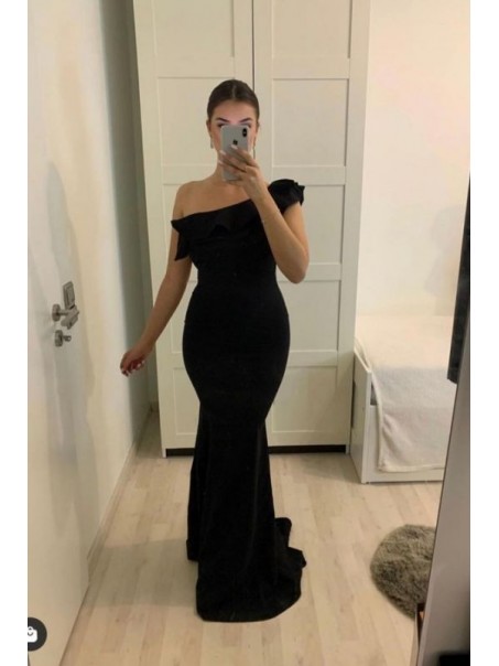 Long Black Mermaid One Shoulder Prom Dress Formal Evening Gowns 901302