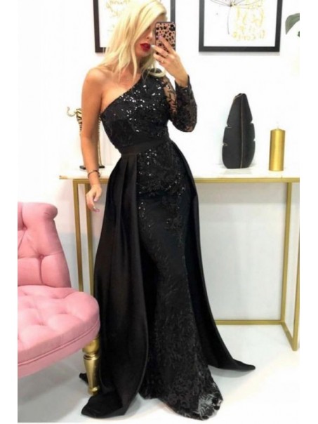 Long Black Mermaid One Shoulder Prom Dress Formal Evening Gowns 901303