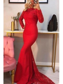 Long Red Mermaid Lace Long Sleeves Prom Dress Formal Evening Gowns 901304 Long Red Mermaid Lace Long Sleeves Prom Dress Formal Evening Gowns 901304