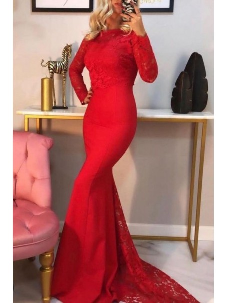 Long Red Mermaid Lace Long Sleeves Prom Dress Formal Evening Gowns 901304