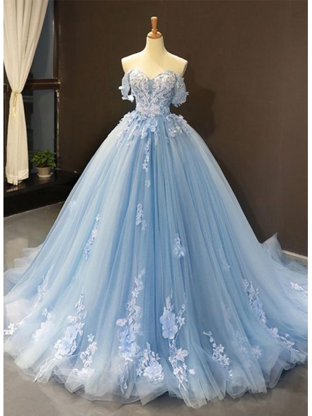 Long Blue Lace and Tulle Prom Dress Formal Evening Gowns 901308