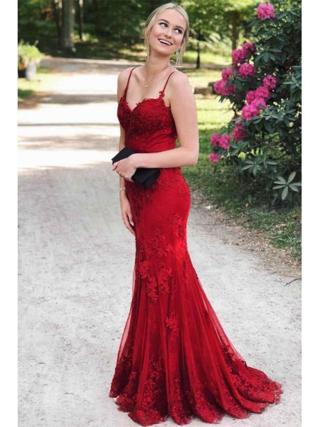 Mermaid Long Red Spaghetti Straps Lace Prom Dress Formal Evening Gowns 901310