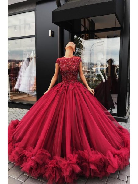 Long Burgundy Lace and Tulle Prom Dress Formal Evening Gowns 901311