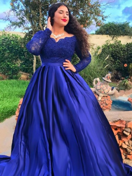 Long Royal Blue Lace and Satin Plus Size Prom Dress Formal Evening Gowns 901312