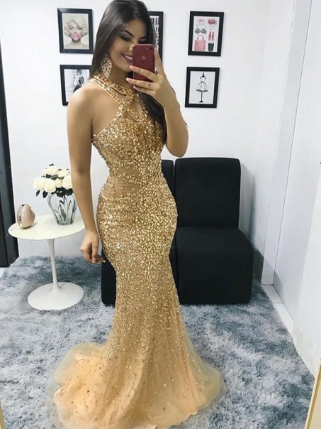 Long Gold Mermaid Beaded Prom Dress Formal Evening Gowns 901313